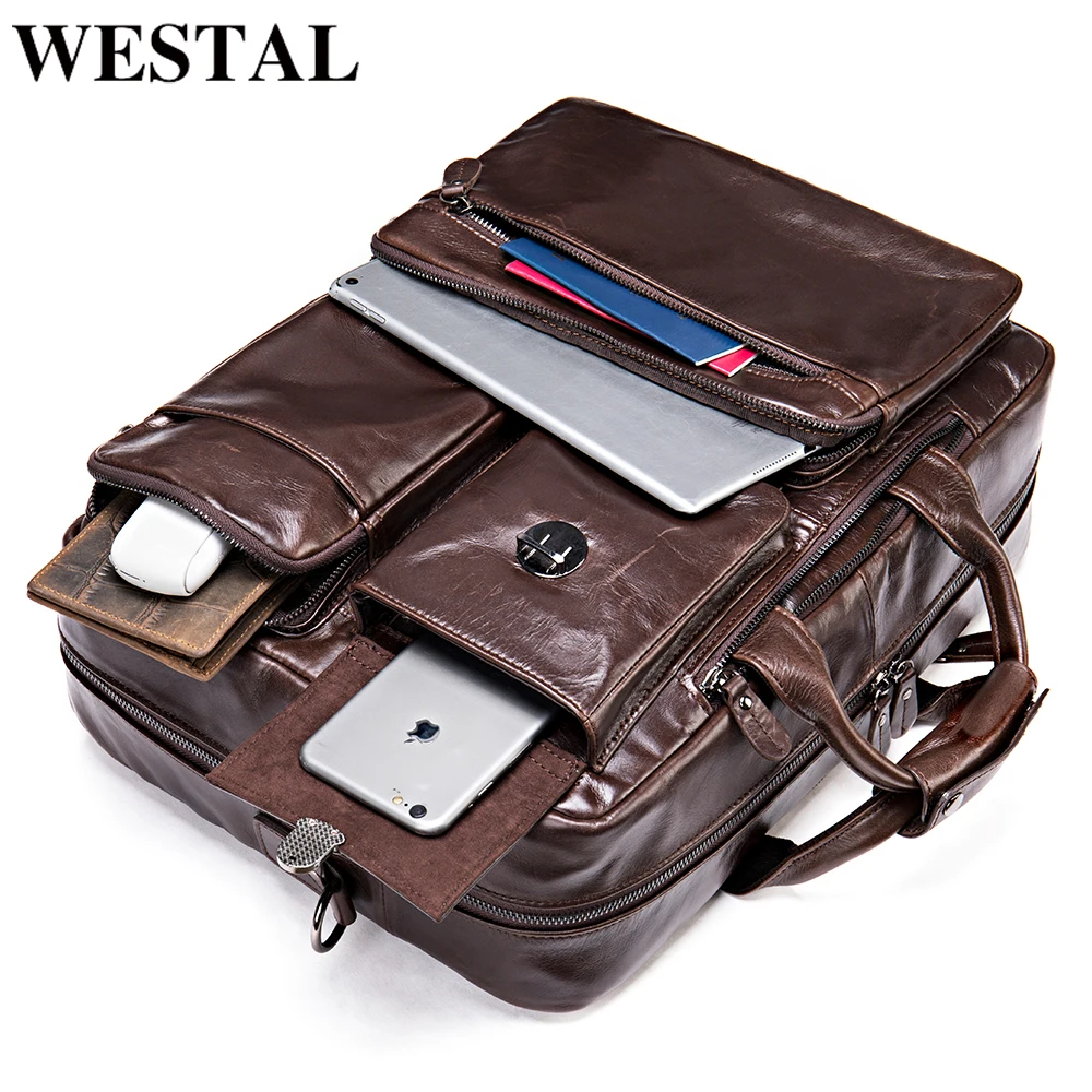 WESTAL Men's Leather Briefcases for 17'' Laptop Bag for Men Business Bags Big Messenger Bag Men Leather Totes Bags for Documents