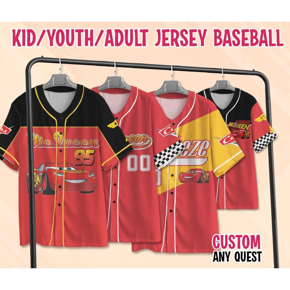 

Custom Disney Cars Lightning McQueen Baseball Jersey Shirts Collection Baseball Cartoon Adult Kid Customize Name And Number