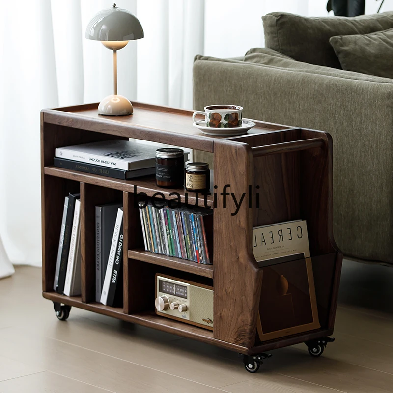 

Nordic all solid wood North American black walnut sofa side cabinet mobile bedside trolley