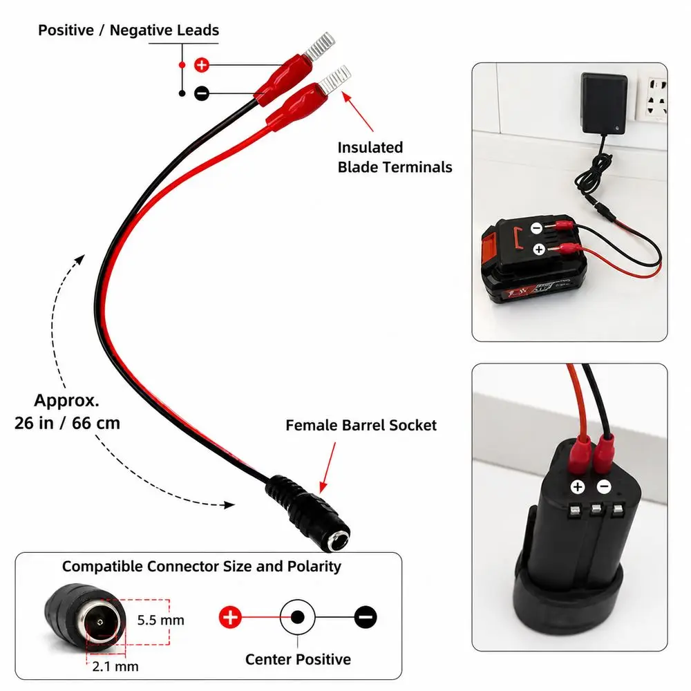 PVC DC Power Adapter Cable Copper Insulated Blade Terminals DC Cable Female Barrel Red Black Polarity Battery Charging Cable