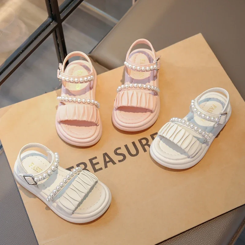 Girls Sandals Pleated Ins Trendy Kids Princess Shoes Beads Sweet Soft Sole 2025 Summer New Children Beach Shoes Open Toes Cute