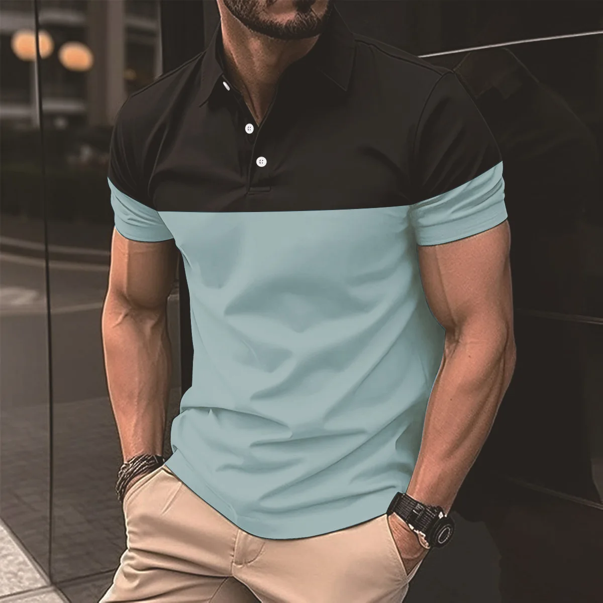 New 3d Printing Series Color Blocking Men's Casual Lapel With Button Up Polo Shirt, High-End Summer Short Sleeved Shirt