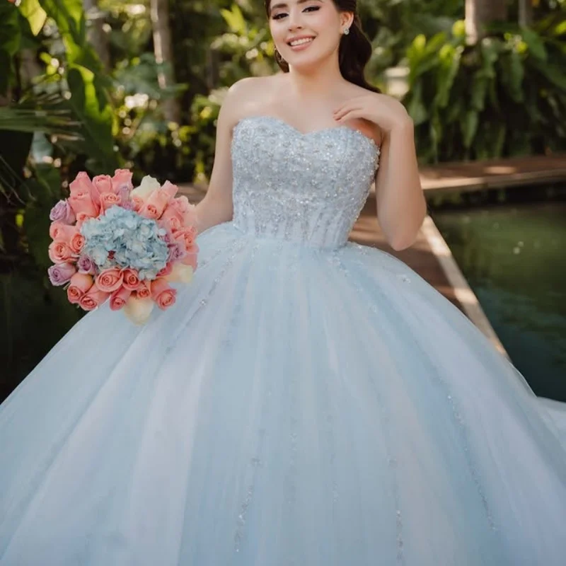 

Light Blue Dresses off-shoulder Glitter Decal Lace Layering Long tail Bow Vestido De 15 Quinceanera Customize