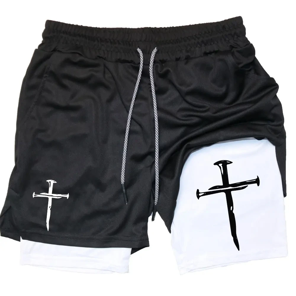 New Men\'s Shorts with Jesus Cross Print Sports Shorts 2-in-1 Mesh Quick Drying Fashionable Jogging Leisure Gym Training Shorts