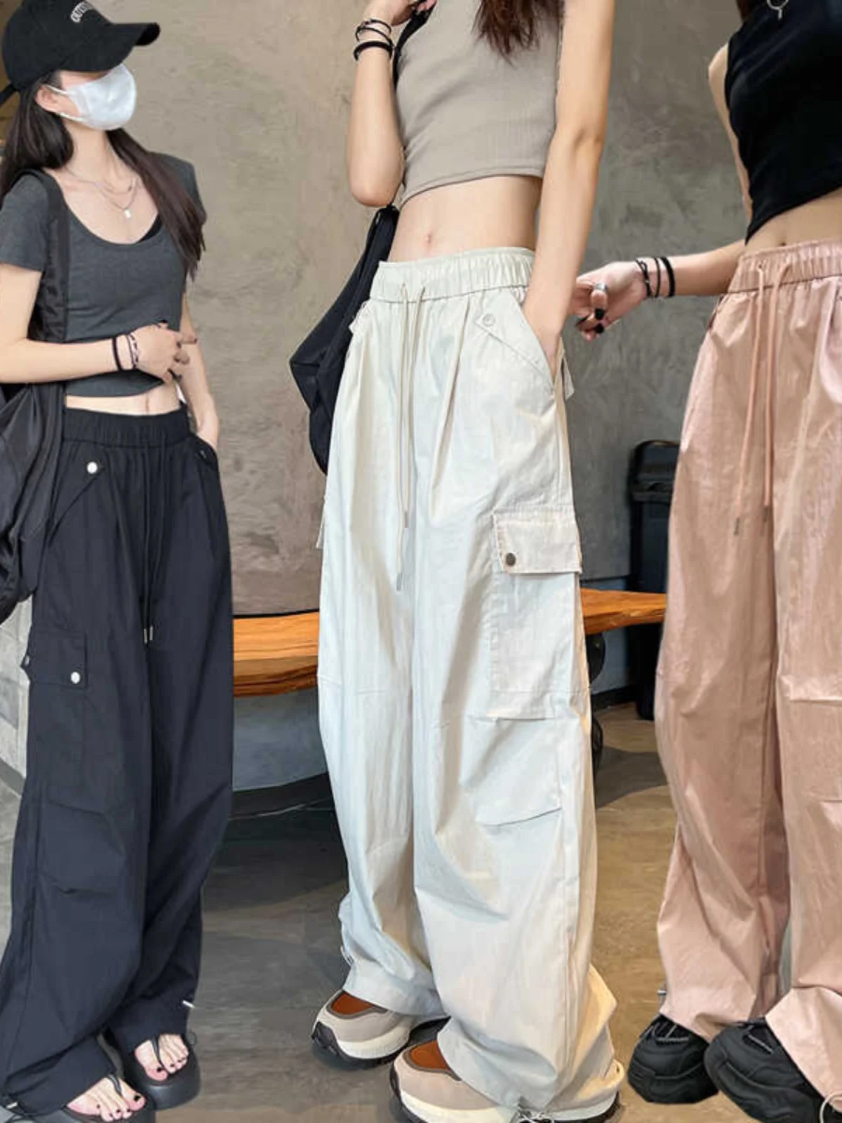 American Style Quick Dry Work Pants Women Summer Ice Silk Cuffed Pants Multi Pocket Climbing Mountain Wide Leg Sports Pants