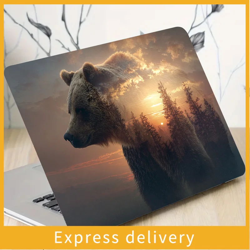 2 Piece Bear and Forest Sunset Pattern PVC Laptop Case Sticker Scratch Resistant DIY Art Case for HP Dell Lenovo Apple