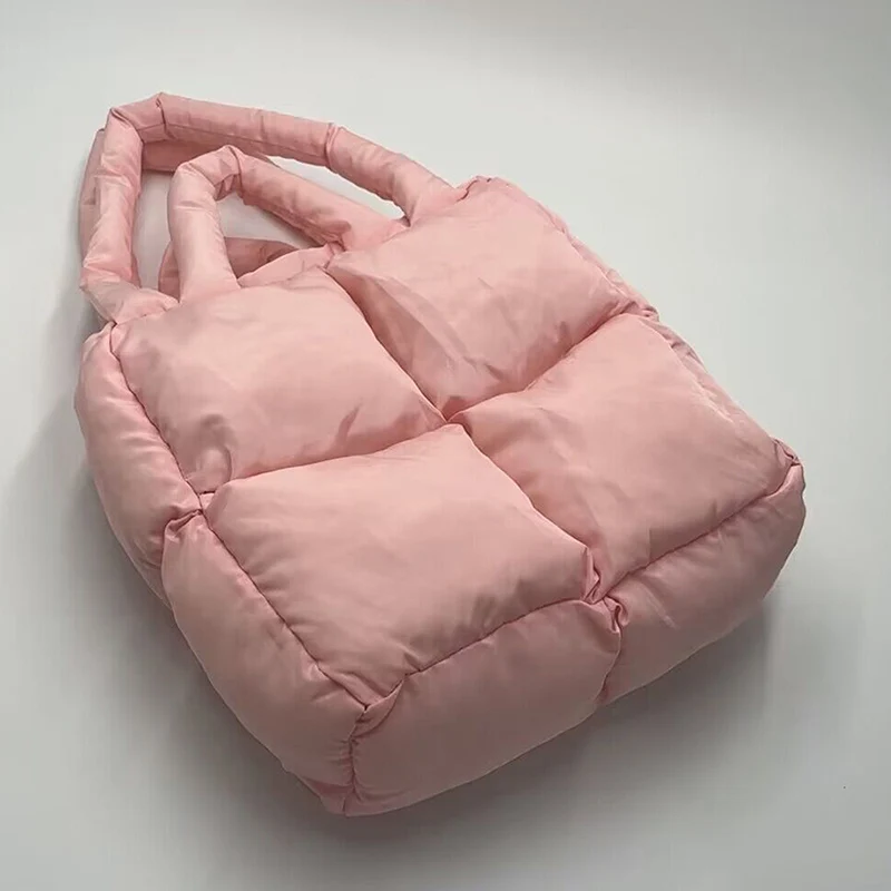 Bolso de mano acolchado rosa para mujer, bolsos de diseñador de marca, bolsos de hombro de algodón de plumón, bolso de axilas grande cálido para