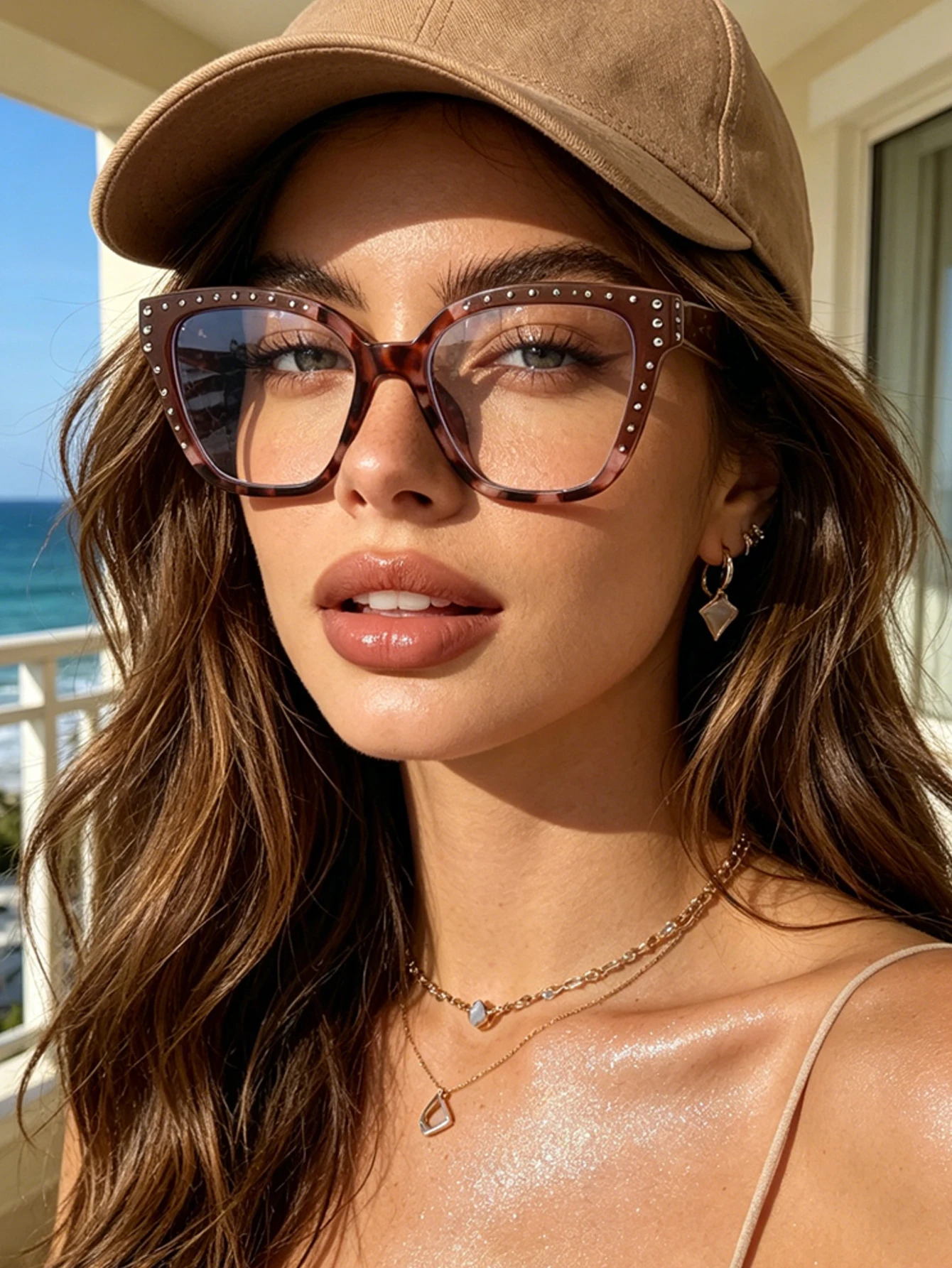 1pc ladies trendy cat glasses frame stitching rivet design fashion glasses daily commute thin glasses