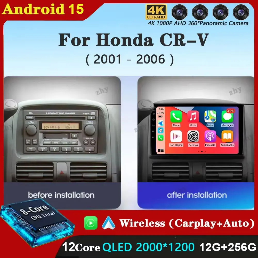 Android 15 Auto Multimedia Video Player For Honda CR-V CRV 2 2001 - 2006 Carplay GPS 2 Din 360 Camera CAR Radio Cooling Fan QLED