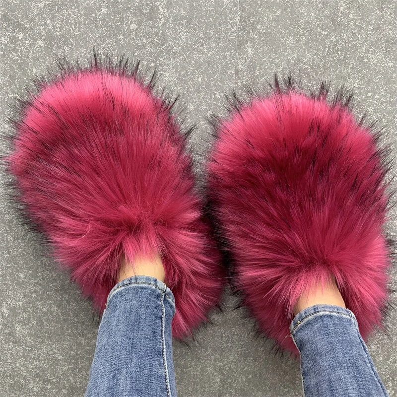 Luxury Fur Slippers Women Open Toe Raccoon Fur Slides Woman Shoes Women Flat Half Slippers Woo Spikes