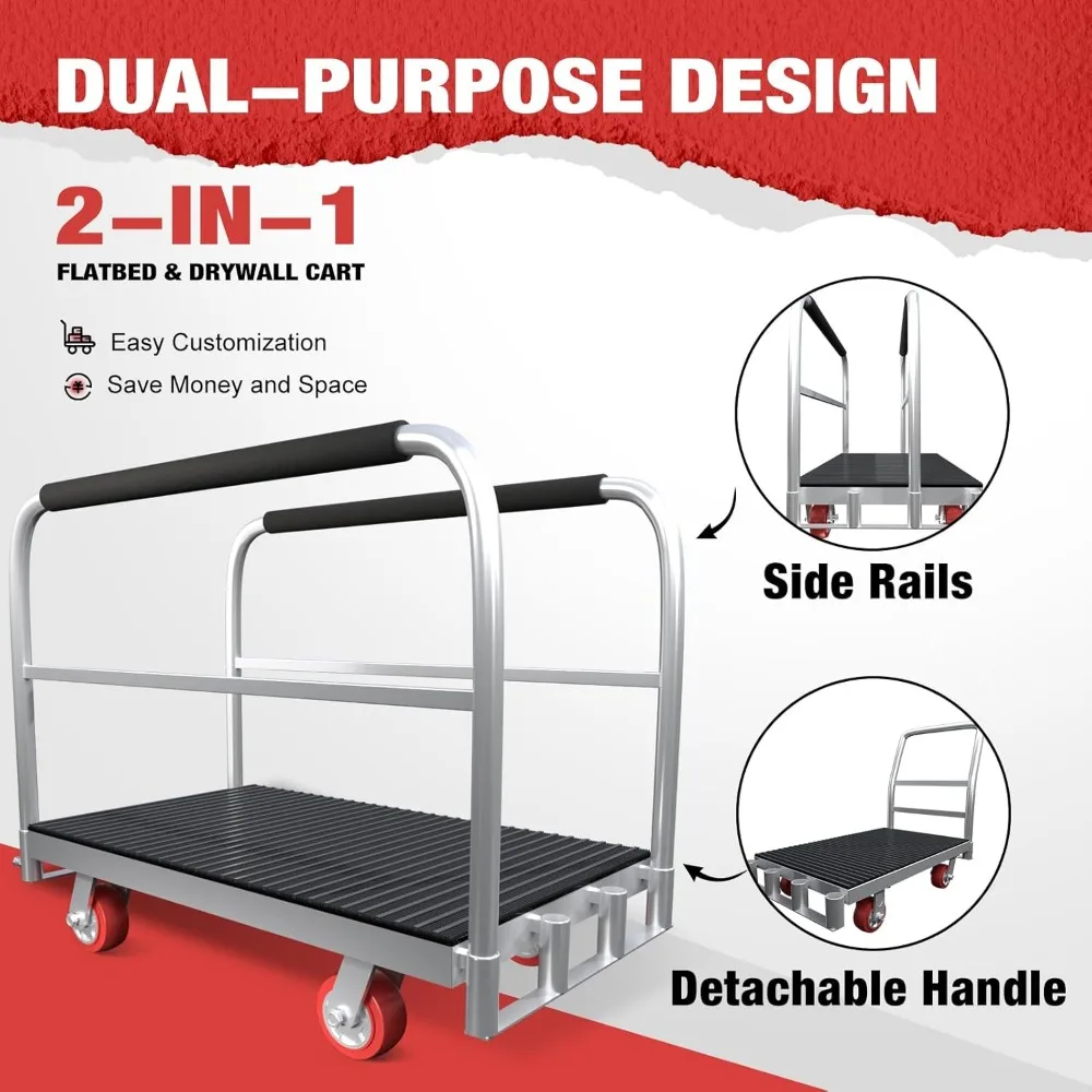 Robuuste 2-in-1 paneelwagen met 42 x 24 rubberen matplatform en 3 leuningen, capaciteit van 2500 lbs voor gipsplaat en hout, flatbe