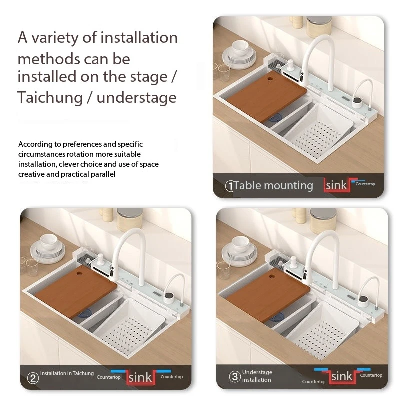 Fregadero de Cocina cascada blanco, tecnología de panal, pantalla Digital grande, drenaje de acero inoxidable, Panel izquierdo y derecho de 5mm