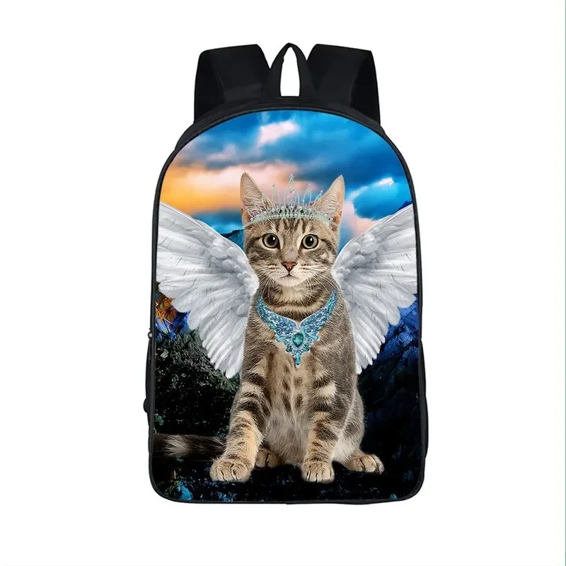 Kawaii gato preto branco anjo asa impressão mochila crianças sacos de escola adolescente mochilas de armazenamento meninas meninos sacos de viagem ao ar livre