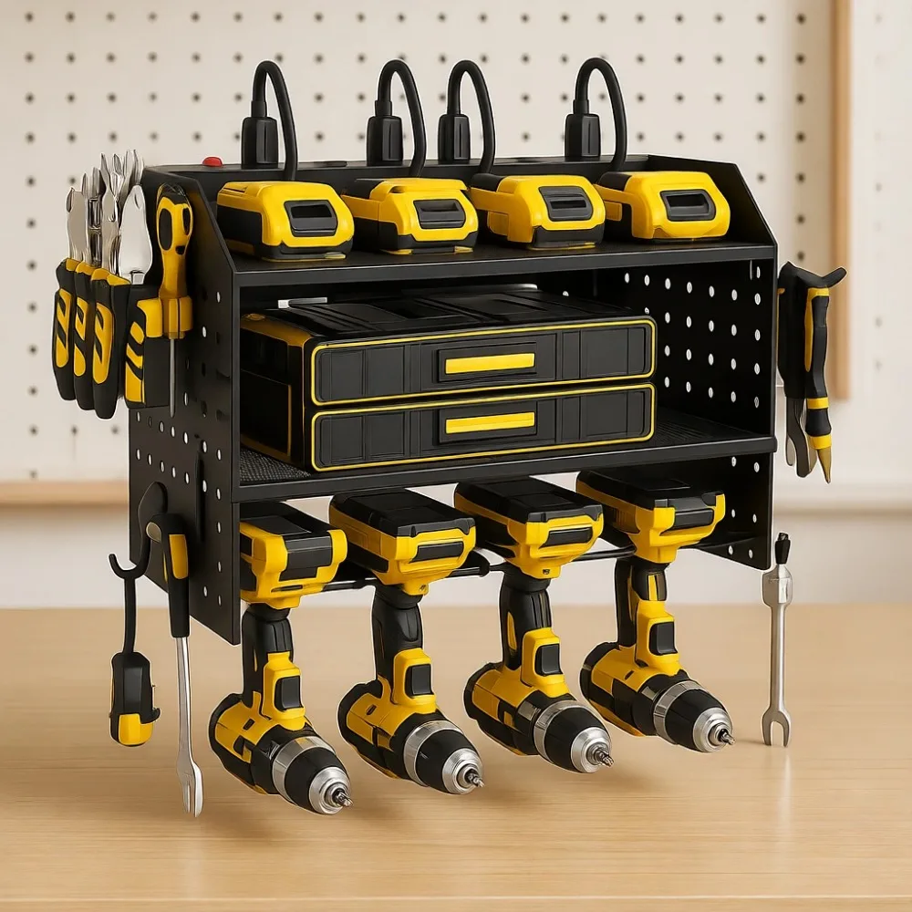 

Настенный органайзер для инструментов с зарядной станцией, держателями для дрелей и полкой для хранения для гаража или мастерской