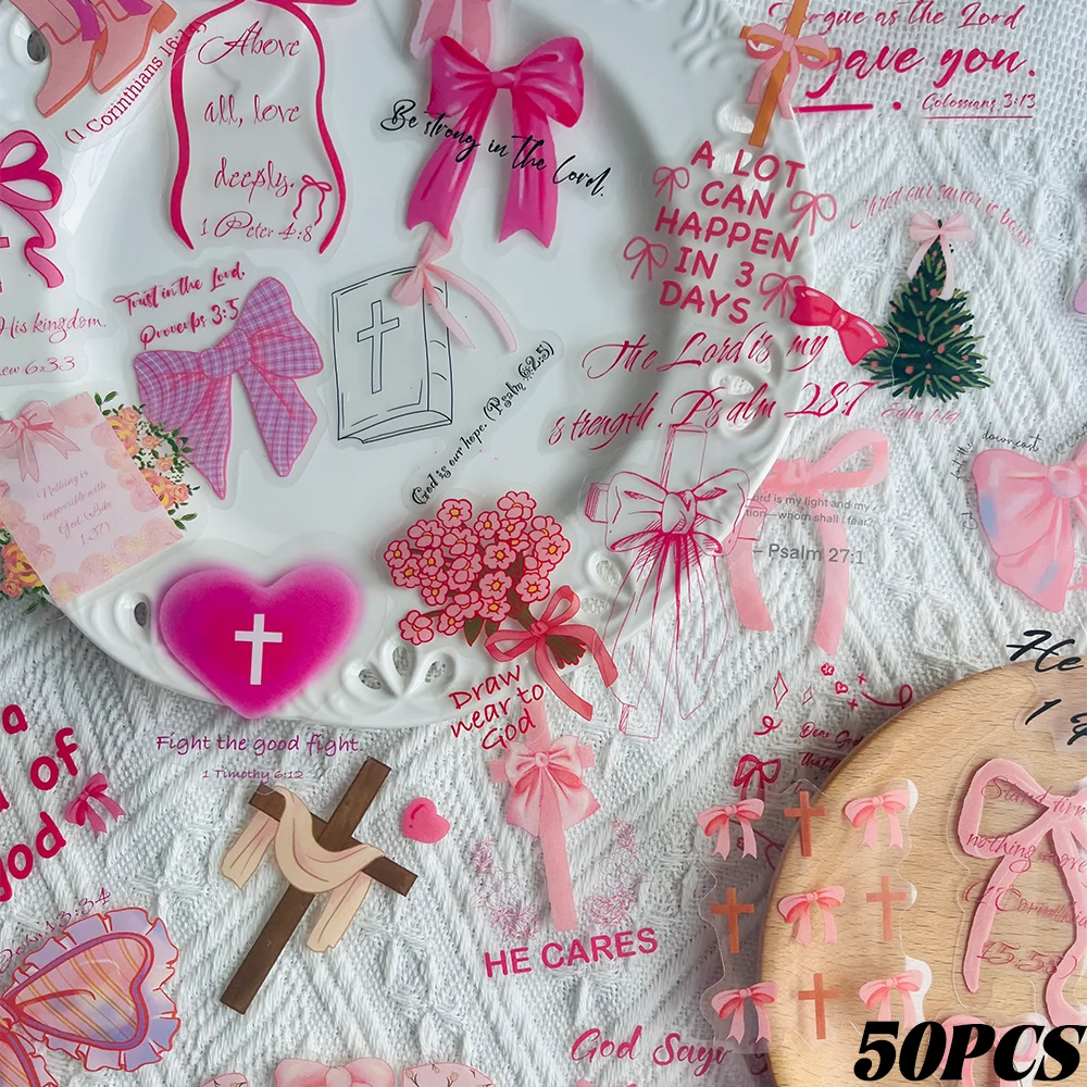 50pcs Set of Pink Bow with Black Edges Transparent Bible Stickers for Laptops, Scrapbooks, and Luggage Decoration – DIY Stickers