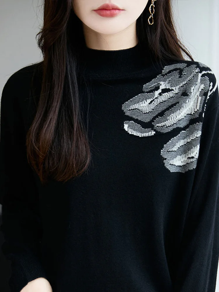 Retro Spun Knit Half High Neck Women's T-Shirt Slimming Base Layer Top Large Size Casual Style Ribbed Plant Floral Pattern