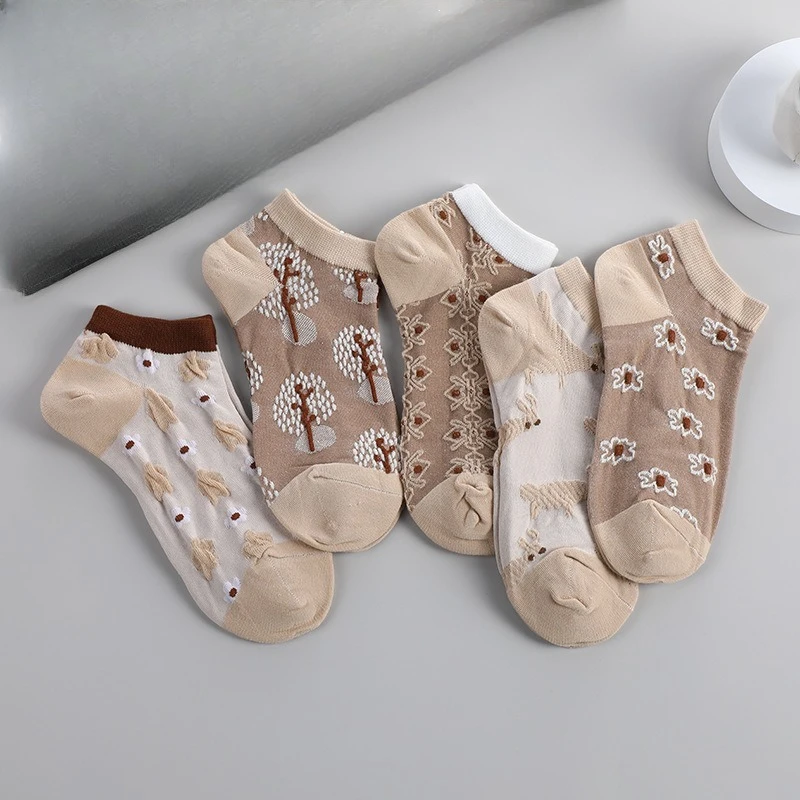 

5 пар винтажных модных универсальных минималистичных женских коротких носков с цветами, милые удобные женские носки с цветочным принтом для отдыха