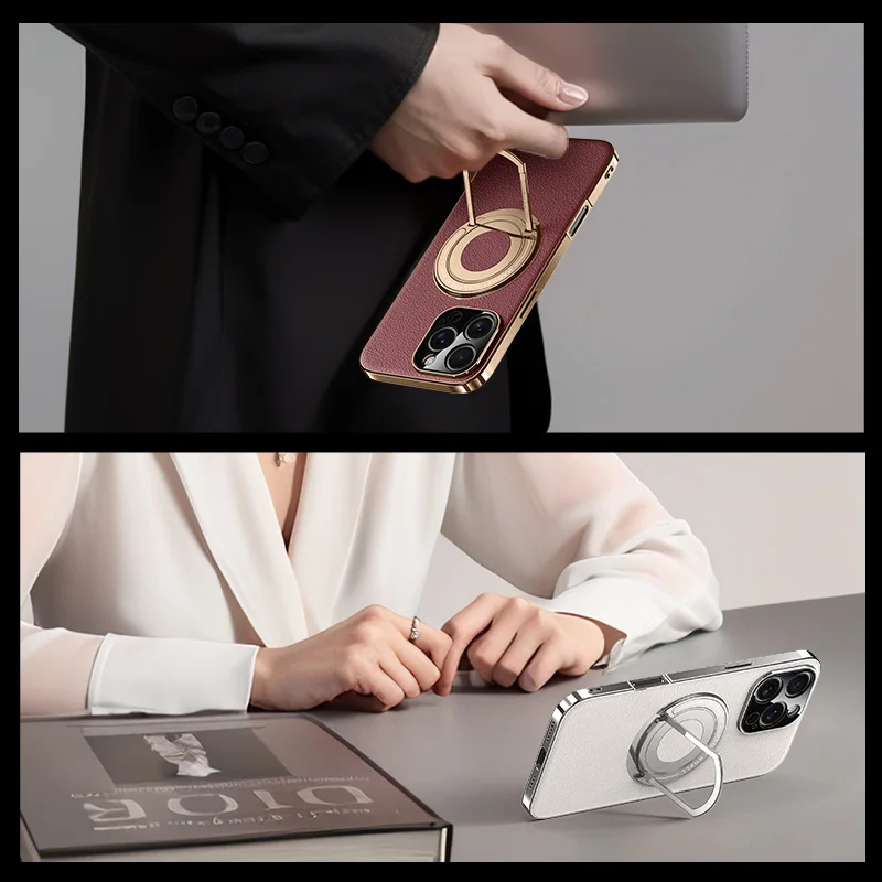 Capa de telefone de couro magnético com suporte para iphone 16 pro max 15 14 13 suporte de telefone para magsafe carga sem fio capa dura