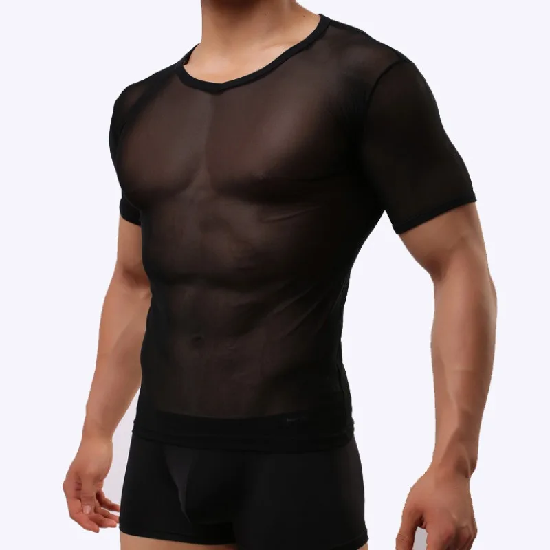 Men Sexy Tight Muscle T-shirts Transparent Mesh Tops Male Short Sleeve Tee Shirts Gym See Through Undershirts Slim Fit Shirts