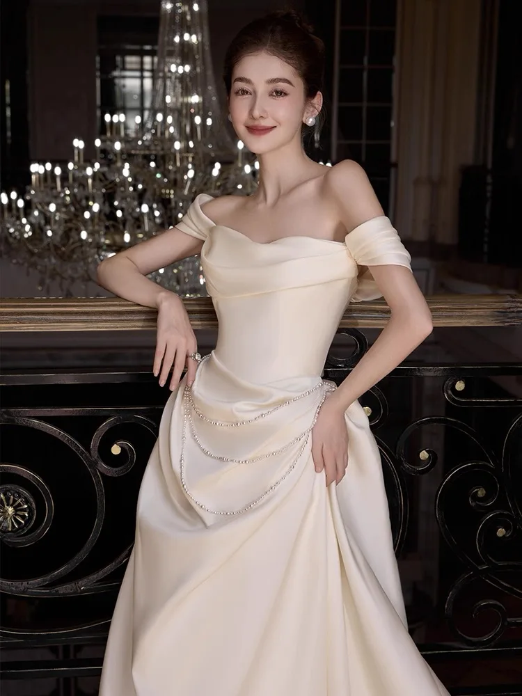 French Satin Light Wedding Dress off-Shoulder Advanced Texture Bride Morning Gowns Dress Temperament Entry Dress for Women