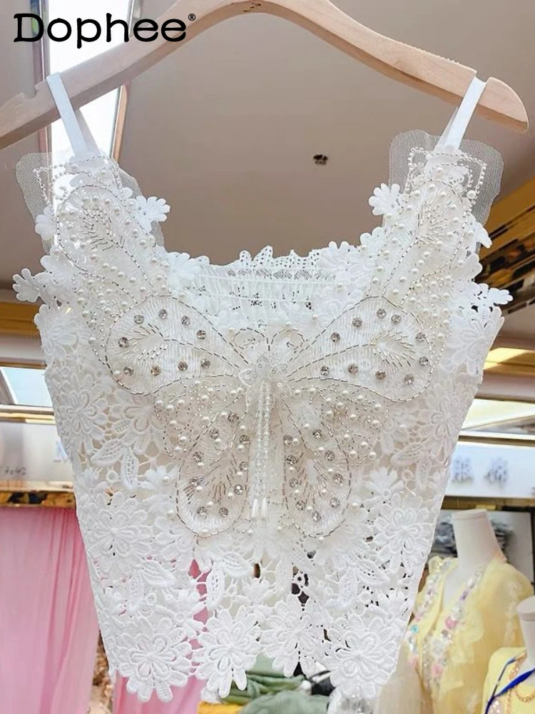 Crop Top Lace Camisole Top for Women 2024 Summer New Sweet Heavy Industry Beads Butterfly Pattern Inner Vest Women Clothing