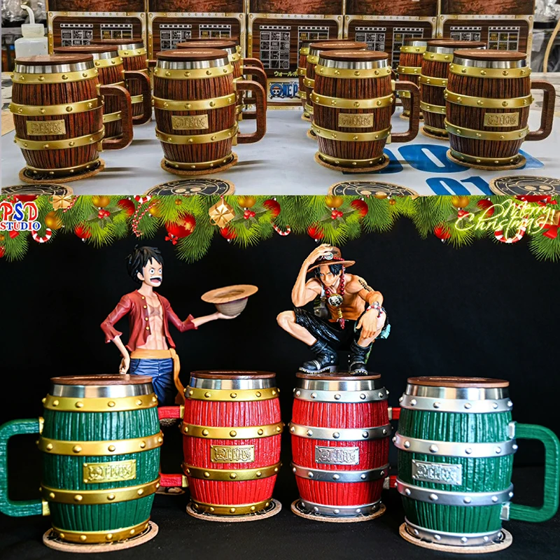 

In Stock Original One Gold Silver Piece Barrel Cup Figure Luffy Ace Sabo Wine Cheers Series Doll Pvc Model Collection Gift