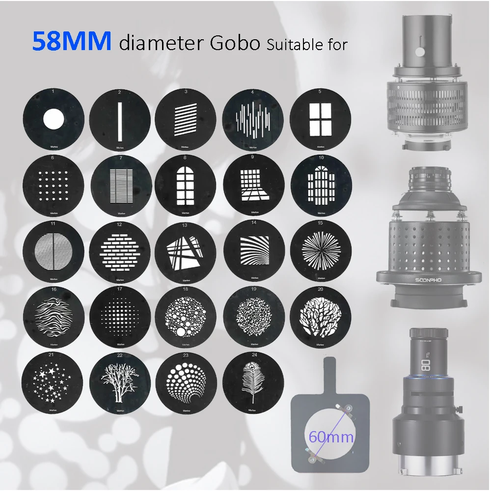 24PCS 58MM Stainless Steel Round GOBO for Snoot Optical Condenser or Led Projection Light 48 Pattern Choices,Goes Before Optics