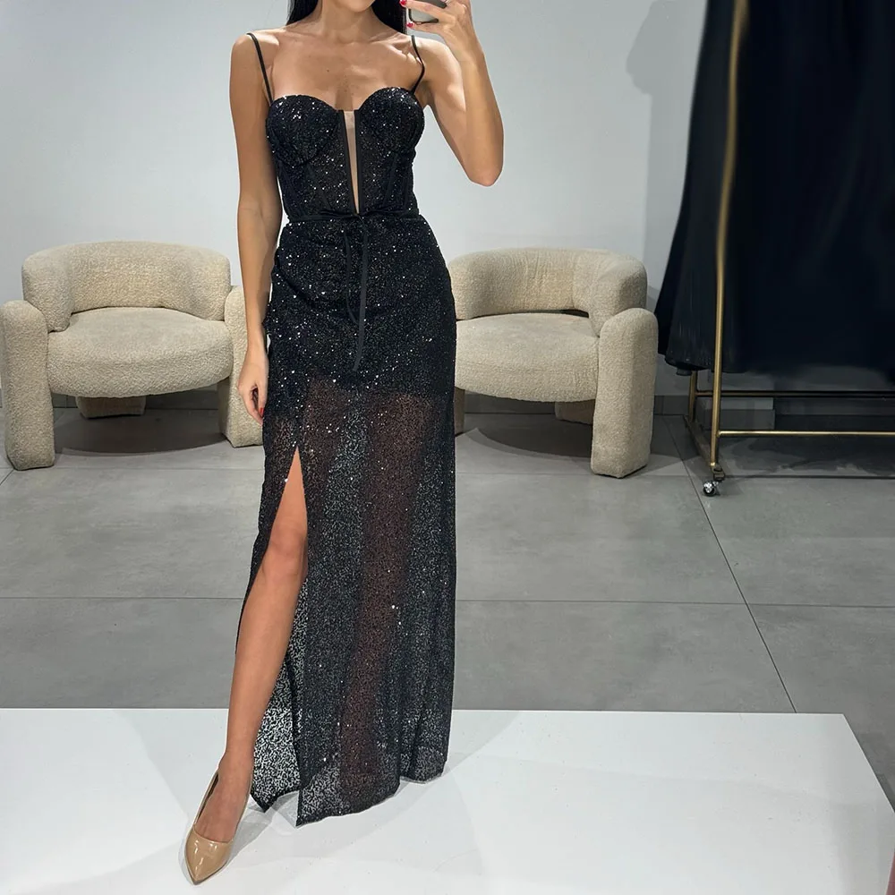 

Customized Straight Evening Dresses Floor-length Spaghetti Strap Sleeveless Prom Gown Fashion Sequined Side-Split Party Gown