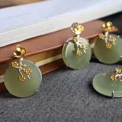 Natural Hetian Green jade Plum Blossom Branch Necklace Round Pendant Elegant Charm clavicle chain Banquet New in Jewelry