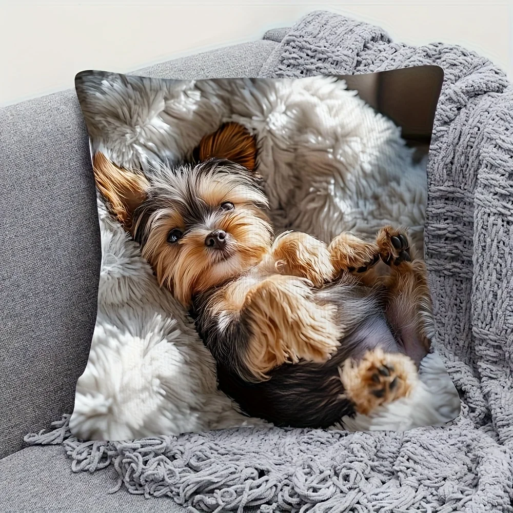 1pc Cute Yorkshire Terrier Puppy Throw Pillow Cover Soft Fluffy Pet Dog Square Pillow Case for Home Sofa Bedroom Decor