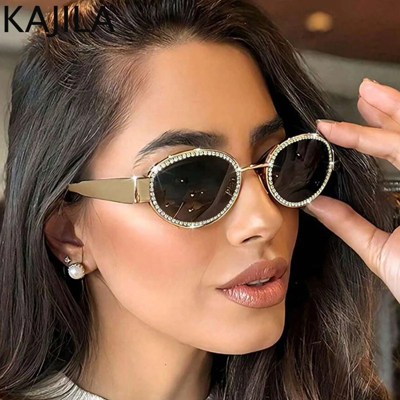 Gafas de sol ovaladas con diamantes de imitación para mujer, lentes de sol de Metal Vintage con montura pequeña, de diseñador de marca de lujo, 2024