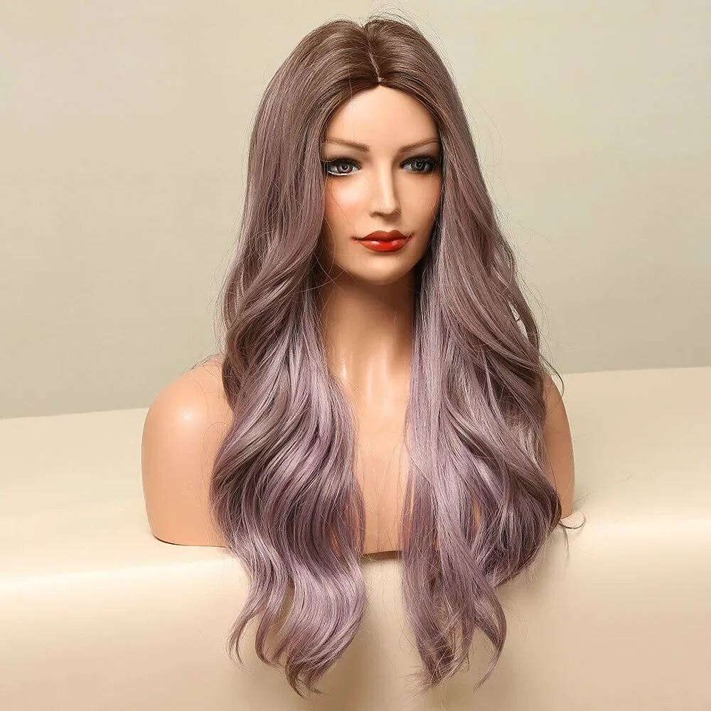 Peruca de cabelo encaracolado de comprimento médio com Franja para Mulheres, Marrom, Roxo Misto, Cosplay Party Wigs, Moda