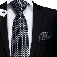 Hi-Tie Designer Black White Plaid Silk Wedding Tie For Men Handky Cufflink Gift Men Necktie Fashion Business Party Dropshiping