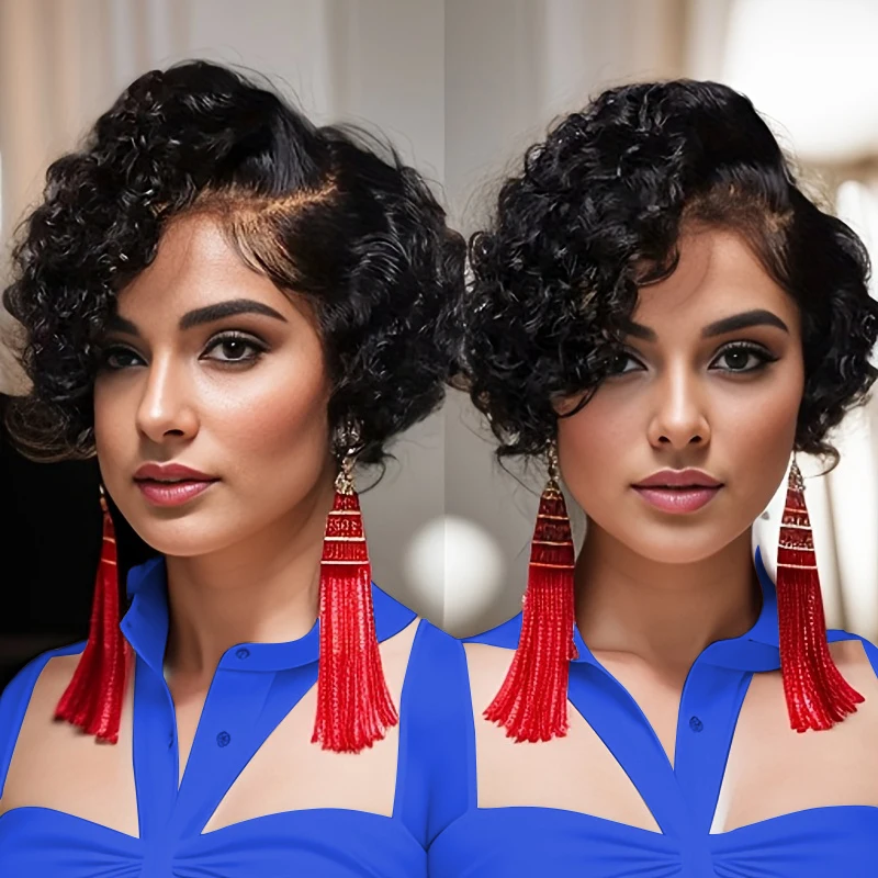 

13x4x1 Lace Front Short Pixie Cut Curly 100% Human Hair Wigs for Women Natural Hairline Wig
