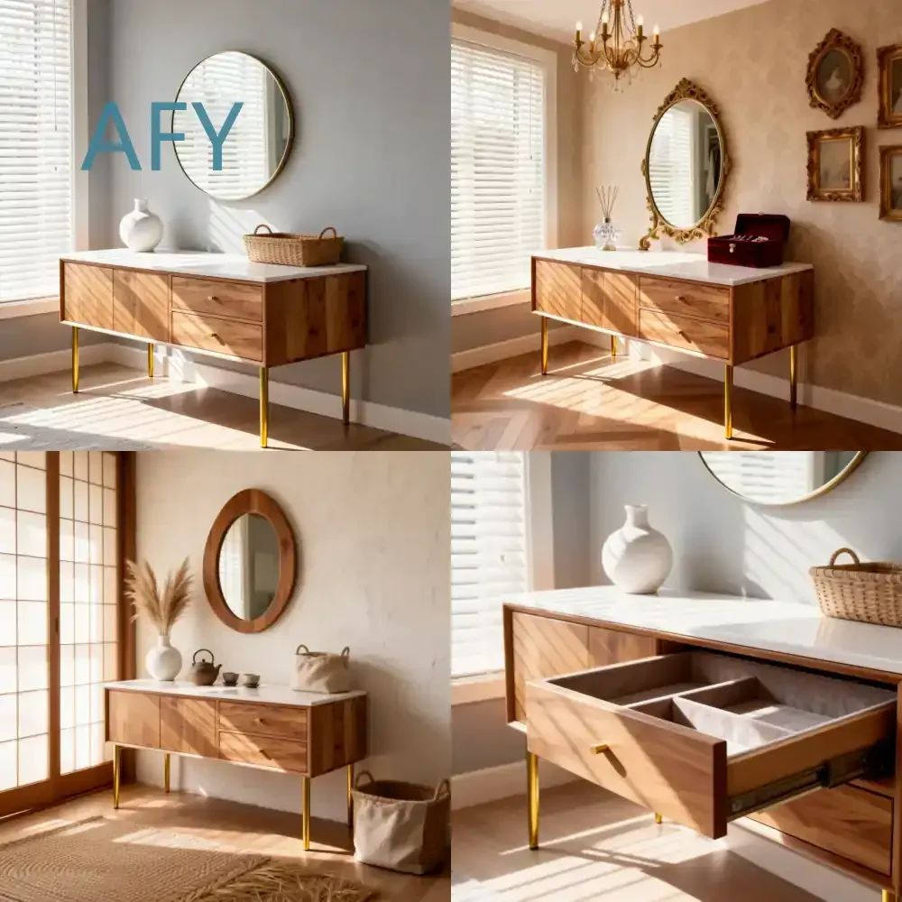 Modern Light Luxury Solid Wood Dressing Table with Standing Mirror for Bedroom Vanity Set for Small Spaces for IKEA Style for