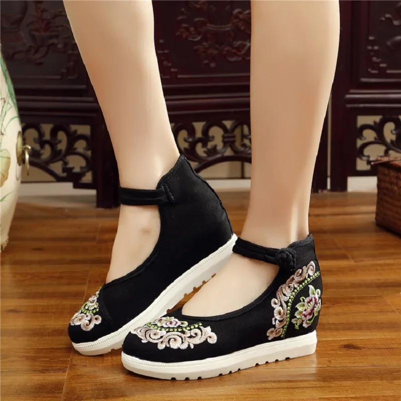 Comemore Women Red Summer Ankle Strap Spring Autumn Pumps China Embroiders Wedges Low Heels 2023 Cloth Shoes Medium Heel Dress