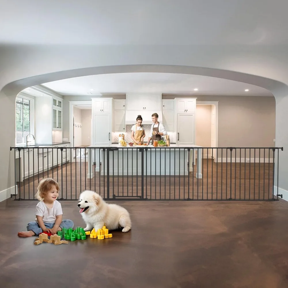 Portão de bebê extra largo de 150 ", portão de segurança infantil para quintal de brincar, portões para cães com porta de fechamento automático, sistema de travamento duplo