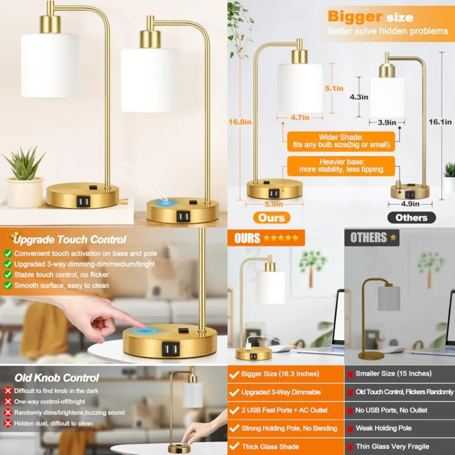 

Set of 2 Industrial Touch Control Table Lamps with 2 USB Ports and AC Outlet - 3-Way Dimmable Gold Bedside Lamps Nightstand Des