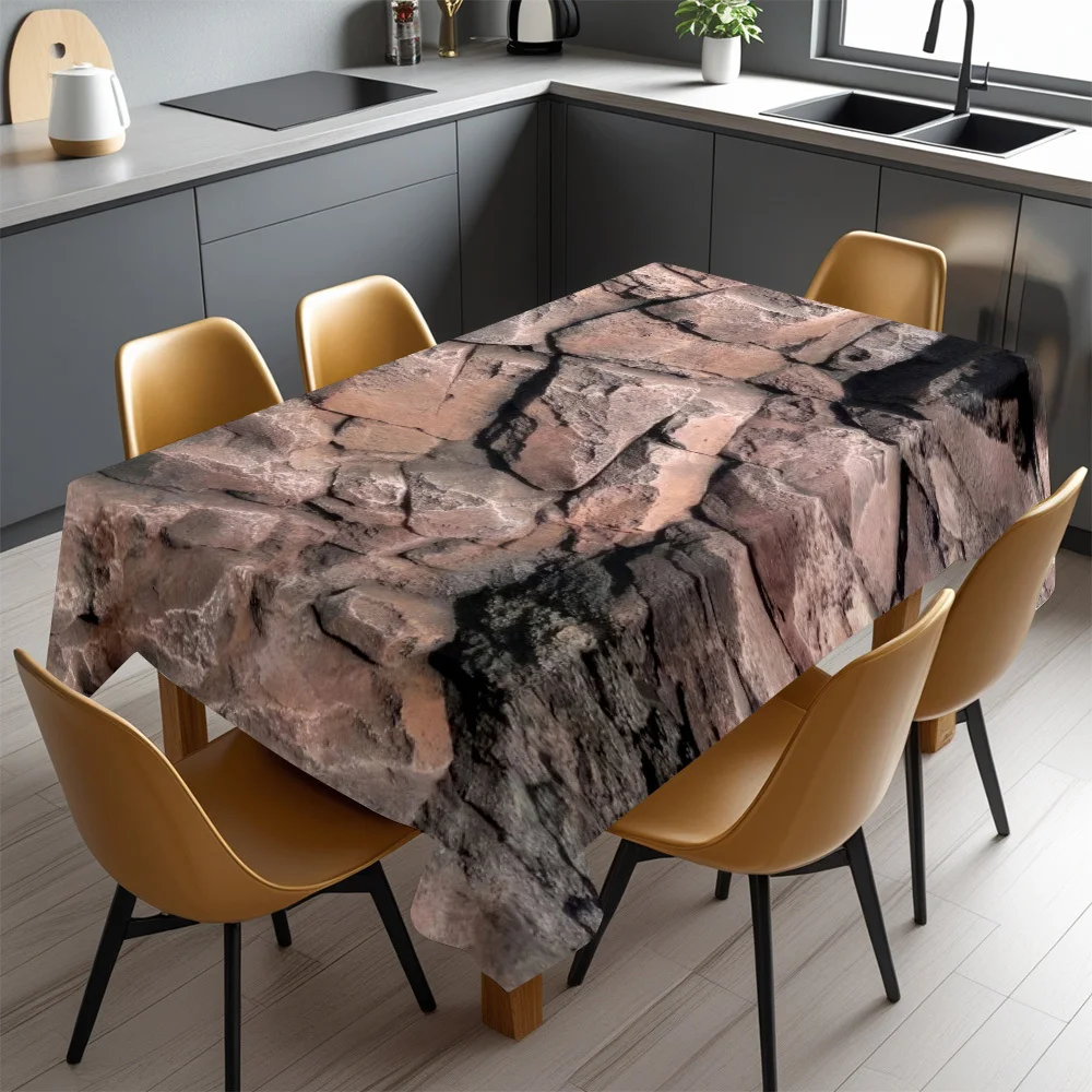 Nature Art Tablecloth, Rough Rustic Cracked Stone Wall Pattern, Waterproof Table Cover, Unique Home Interior Decoration