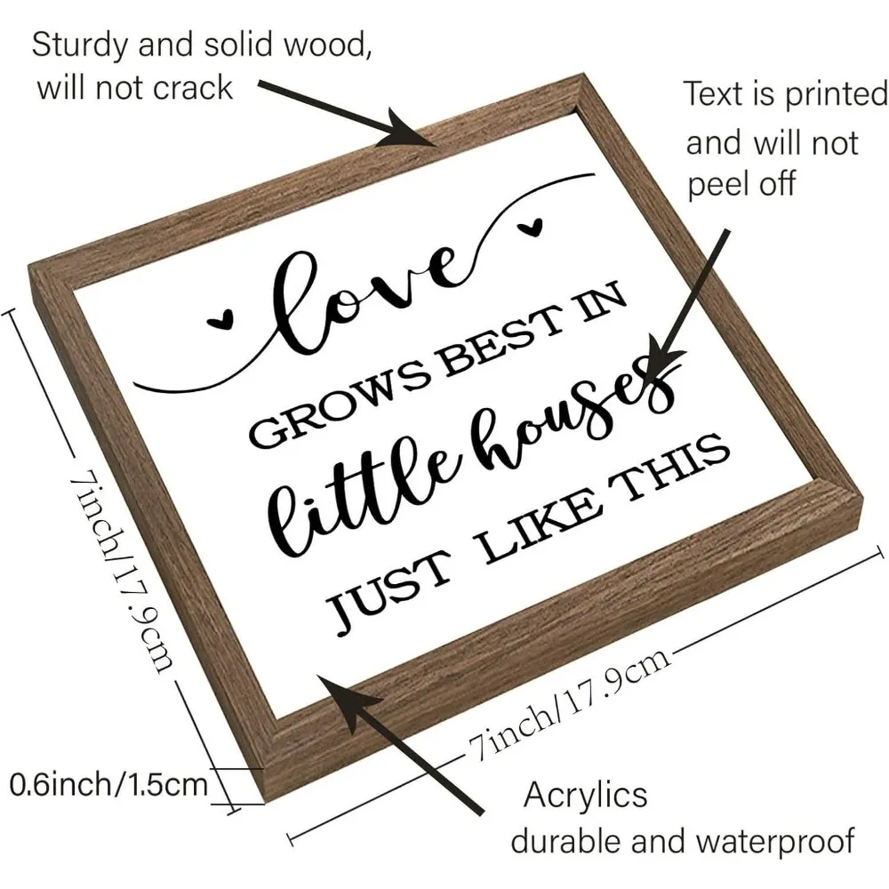 Love Grow Best In Little Houses Art Sign Solid Wood Bedroom Sign with Arylic Layer 7x7 Inch Large Hangable Wooden Frame