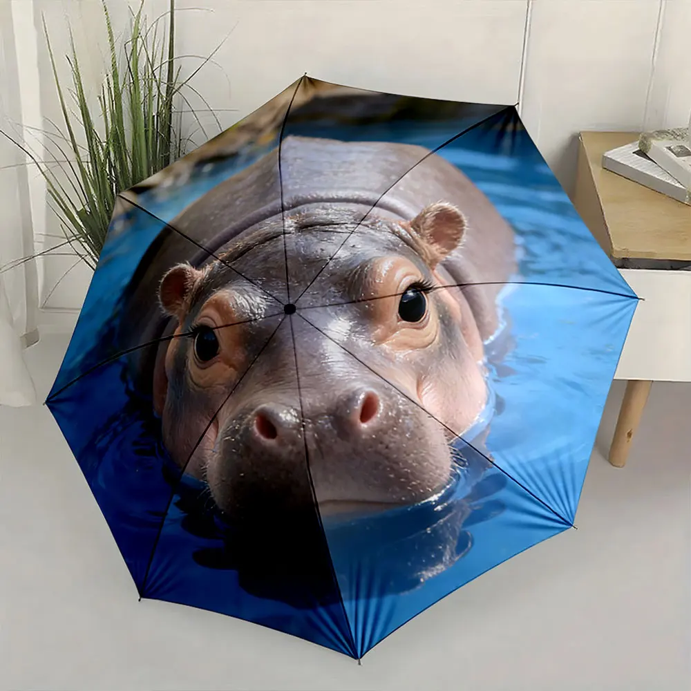 1PC Hippo Design Umbrella in Cozy Room Print 8 Iron Ribs Folding Umbrella Auto-Open Fashion Sunshade