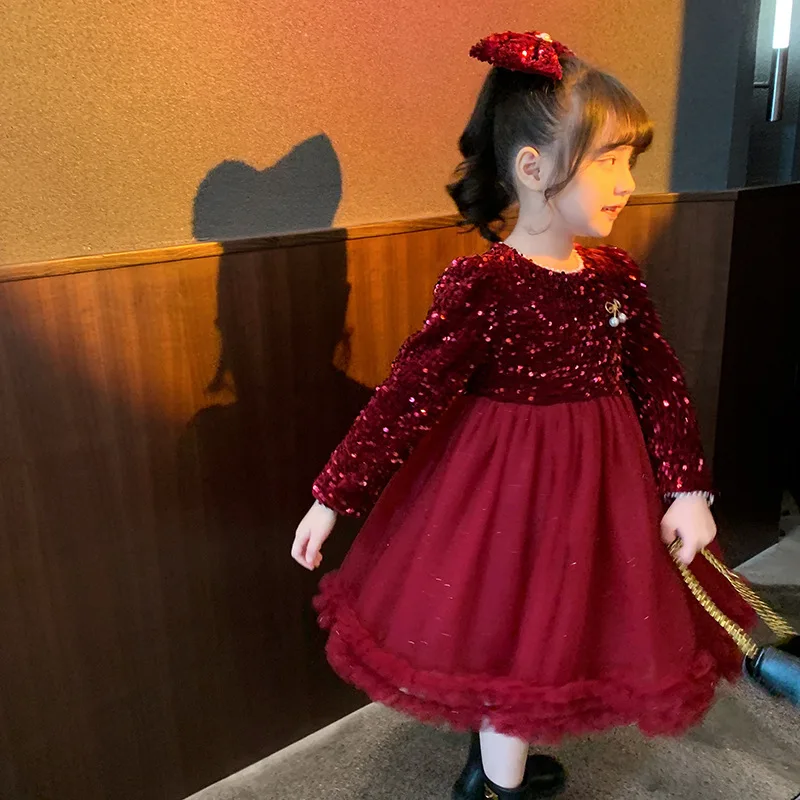 

Girls' Dress Spring New Fashionable Internet Celebrity Sequin Princess Dress Little Girl Red Bowknot Dress