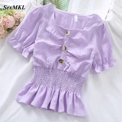 Blusas Mujer De Moda 2024 Summer Vintage Puff Sleeve Corset Top Blouse Women French Purple Blouses Bustier White Chiffon Shirts