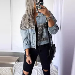 Women's Autumn Winter New Leopard Splicing Top Denim Jacket Pocket Single Breasted Button Jackets Coat