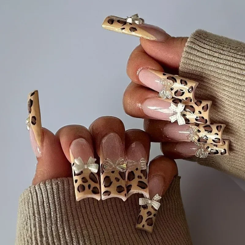 24Pcs French False Leopard Nails Tips 3D Bow Design Press on acrilico Nail Long Ballerina Full Cover Stick On Nail for Women