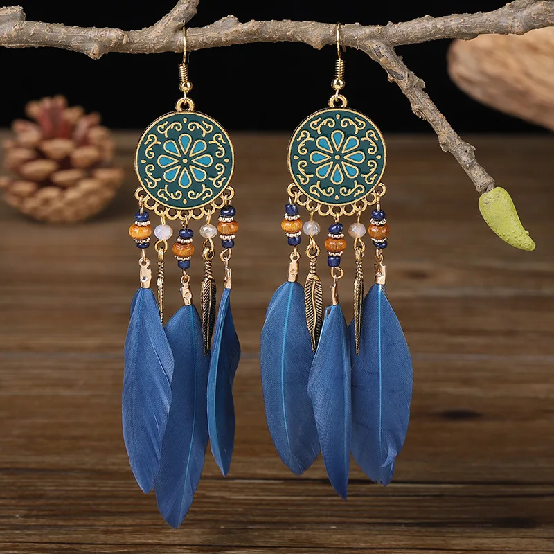 Boho Lange Feder Baumeln frauen Ohrringe Strand Lange Quaste Perlen Handgemachte Blume Emaille Ohrringe Braut Hochzeit Pendientes Mujer – Detail 9