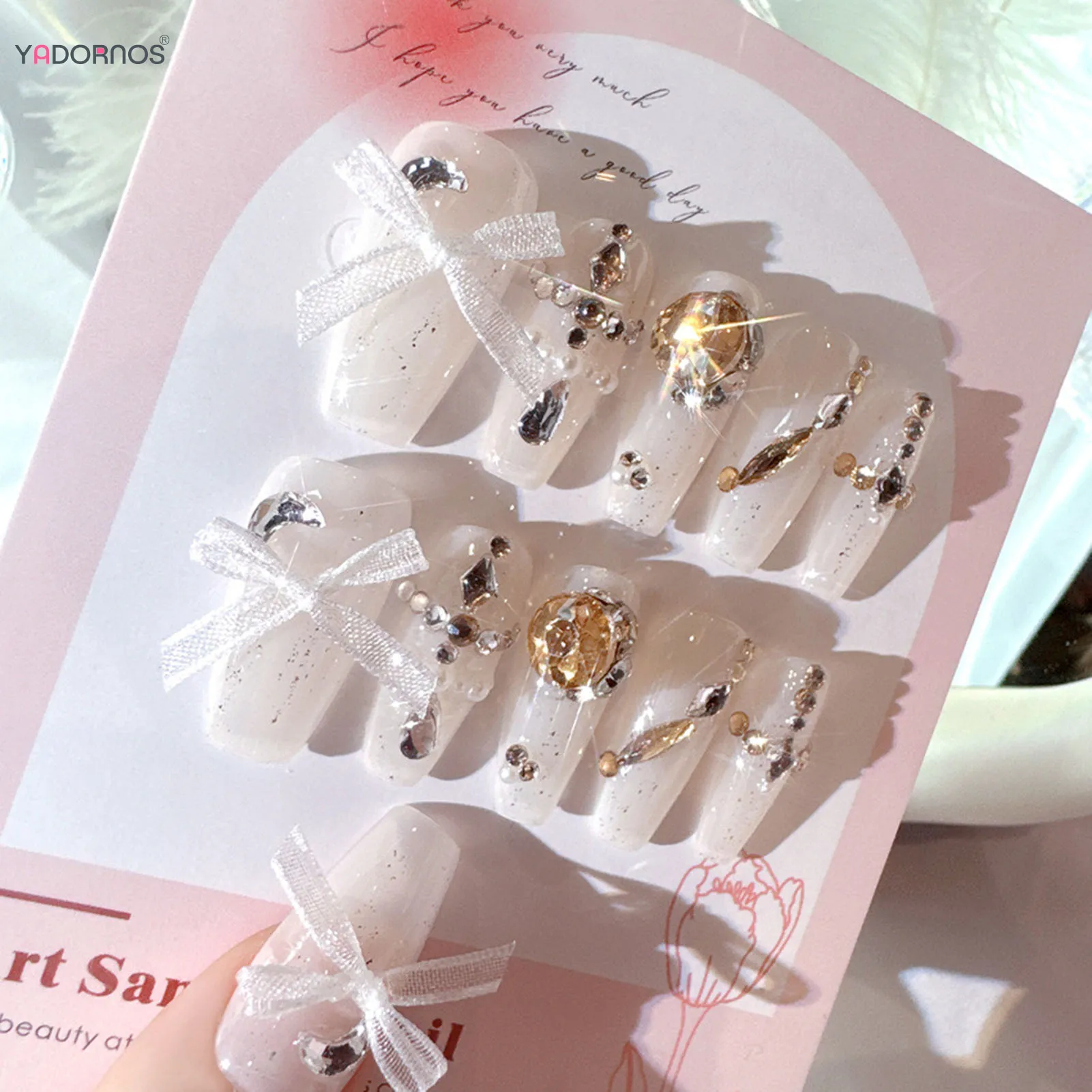 Cor Nude Unhas Falsas Artesanais, Longo Ballet Wearable, Pressione nas Unhas, Glitter Pérolas De Strass, Fita Decoração Bowknot