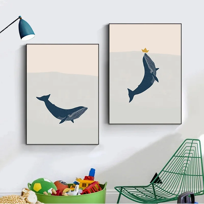 Humpback Whale Sailing Boat Cartoon Poster Prints Ocean Animals Nautical Nursery Wall Art Canvas Painting for Kids Room Decor