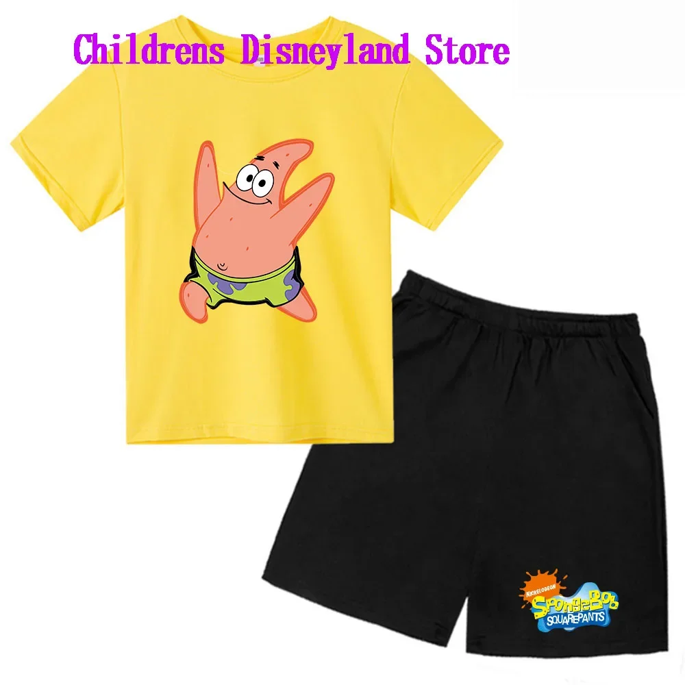 Spongebob Squarepants Spring And Autumn Children's Wear Boys And Girls T-shirt Set 2-piece Anime t shirt Sportswear Shorts boys