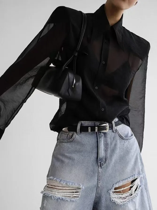 Ele Vintage Long Sve Me irt Vestibilità ampia Sexy Vedi resistente da pendolarismo Sle Colletto in puro colore abbottonato